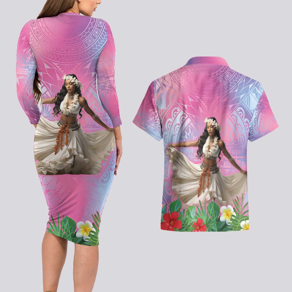 Woman Polynesian Tattoos Couples Matching Long Sleeve Bodycon Dress and Hawaiian Shirt Tropical Flower - Sweets Vibrant Color
