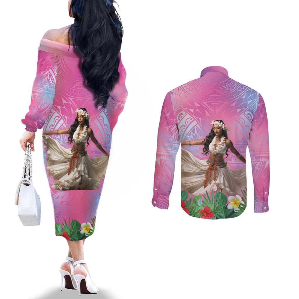 Woman Polynesian Tattoos Couples Matching Off The Shoulder Long Sleeve Dress and Long Sleeve Button Shirt Tropical Flower - Sweets Vibrant Color