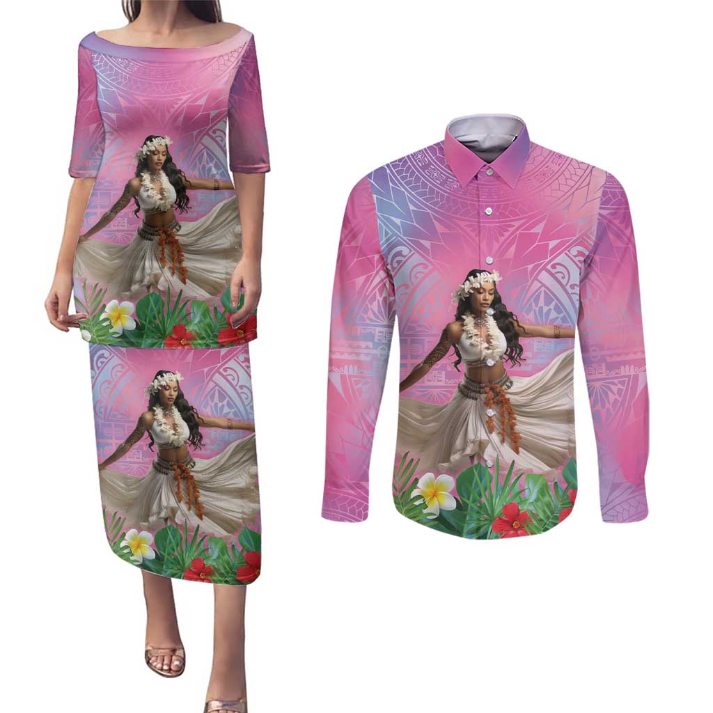 Woman Polynesian Tattoos Couples Matching Puletasi and Long Sleeve Button Shirt Tropical Flower - Sweets Vibrant Color