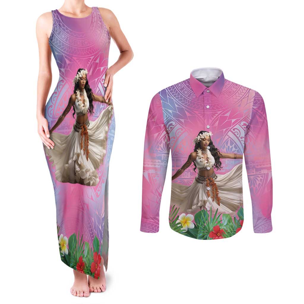 Woman Polynesian Tattoos Couples Matching Tank Maxi Dress and Long Sleeve Button Shirt Tropical Flower - Sweets Vibrant Color
