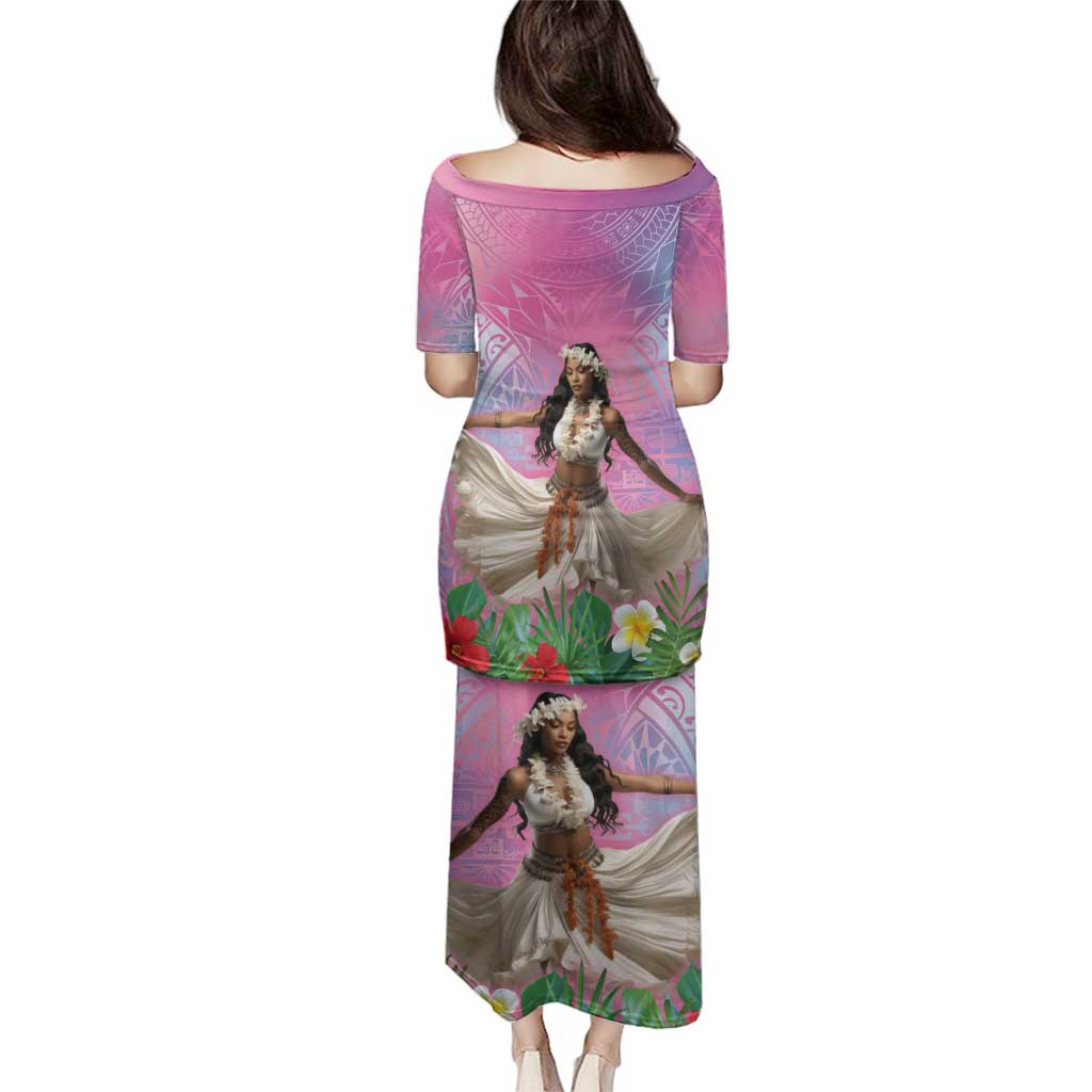 Woman Polynesian Tattoos Family Matching Puletasi and Hawaiian Shirt Tropical Flower - Sweets Vibrant Color