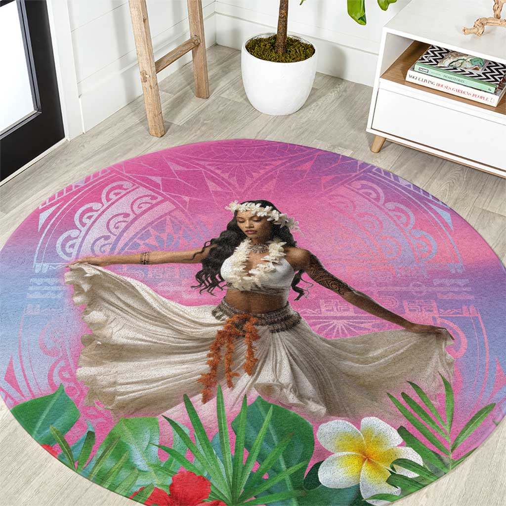 Woman Polynesian Tattoos Round Carpet Tropical Flower - Sweets Vibrant Color LT03 Vibrant Gradient - Polynesian Pride