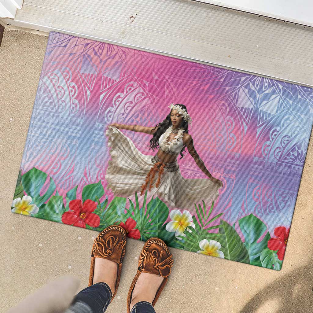 Woman Polynesian Tattoos Rubber Doormat Tropical Flower - Sweets Vibrant Color