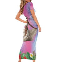 Woman Polynesian Tattoos Short Sleeve Bodycon Dress Tropical Flower - Sweets Vibrant Color