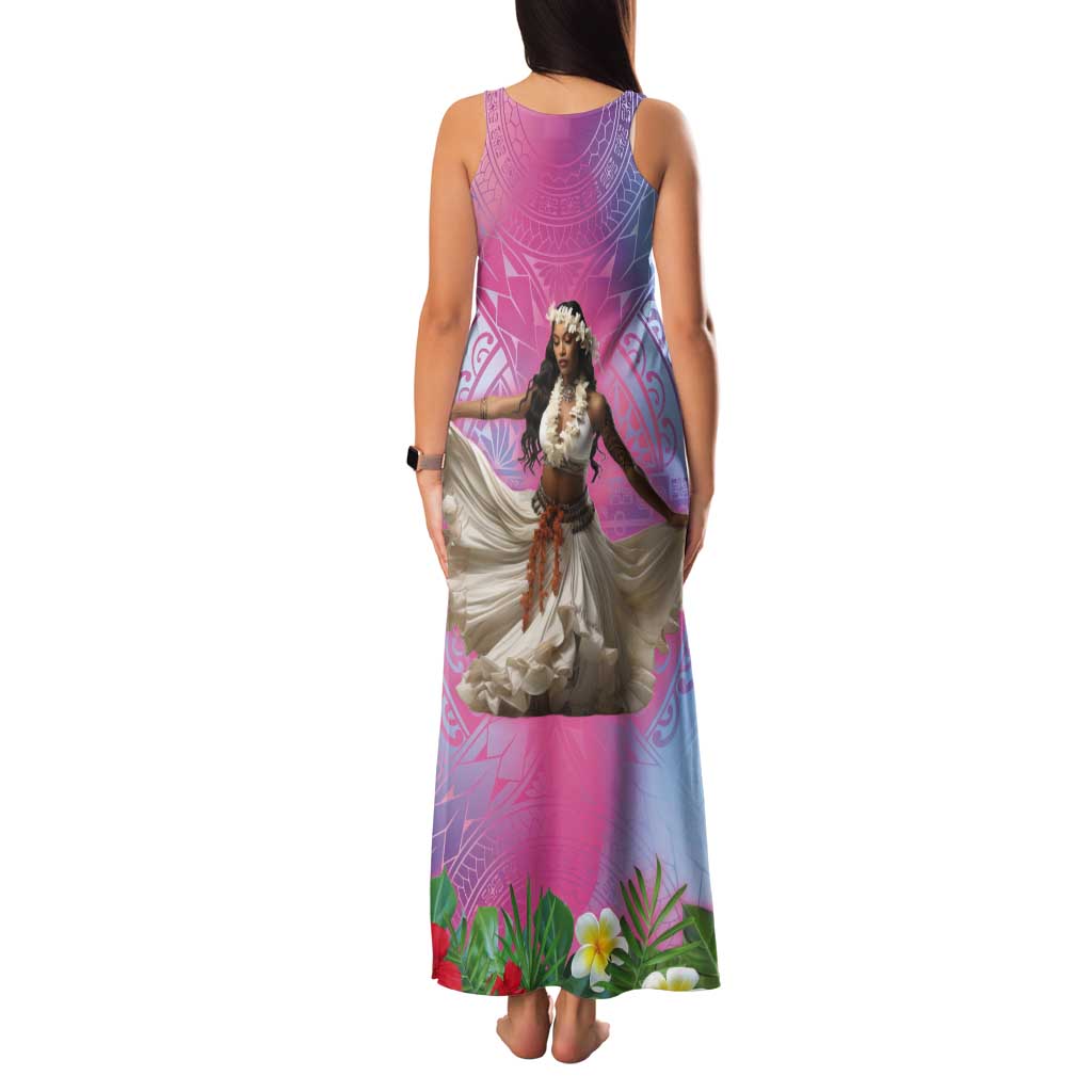 Woman Polynesian Tattoos Tank Maxi Dress Tropical Flower - Sweets Vibrant Color