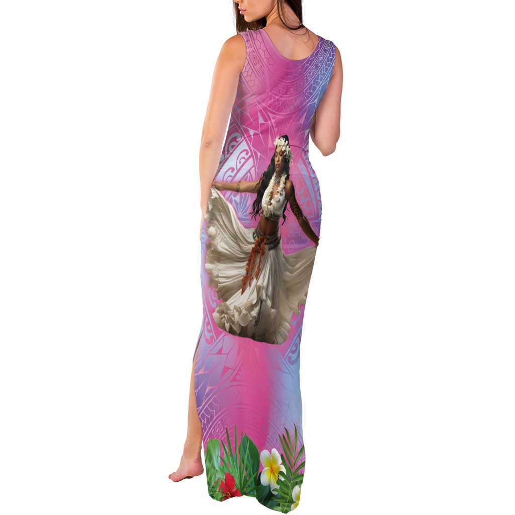 Woman Polynesian Tattoos Tank Maxi Dress Tropical Flower - Sweets Vibrant Color