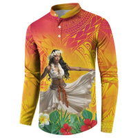 Woman Polynesian Tattoos Button Sweatshirt Tropical Flower - Vibrant Hot Color
