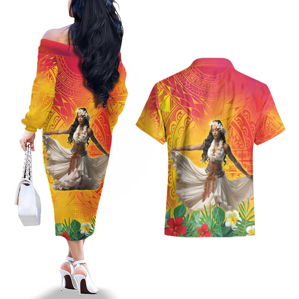 Woman Polynesian Tattoos Couples Matching Off The Shoulder Long Sleeve Dress and Hawaiian Shirt Tropical Flower - Vibrant Hot Color