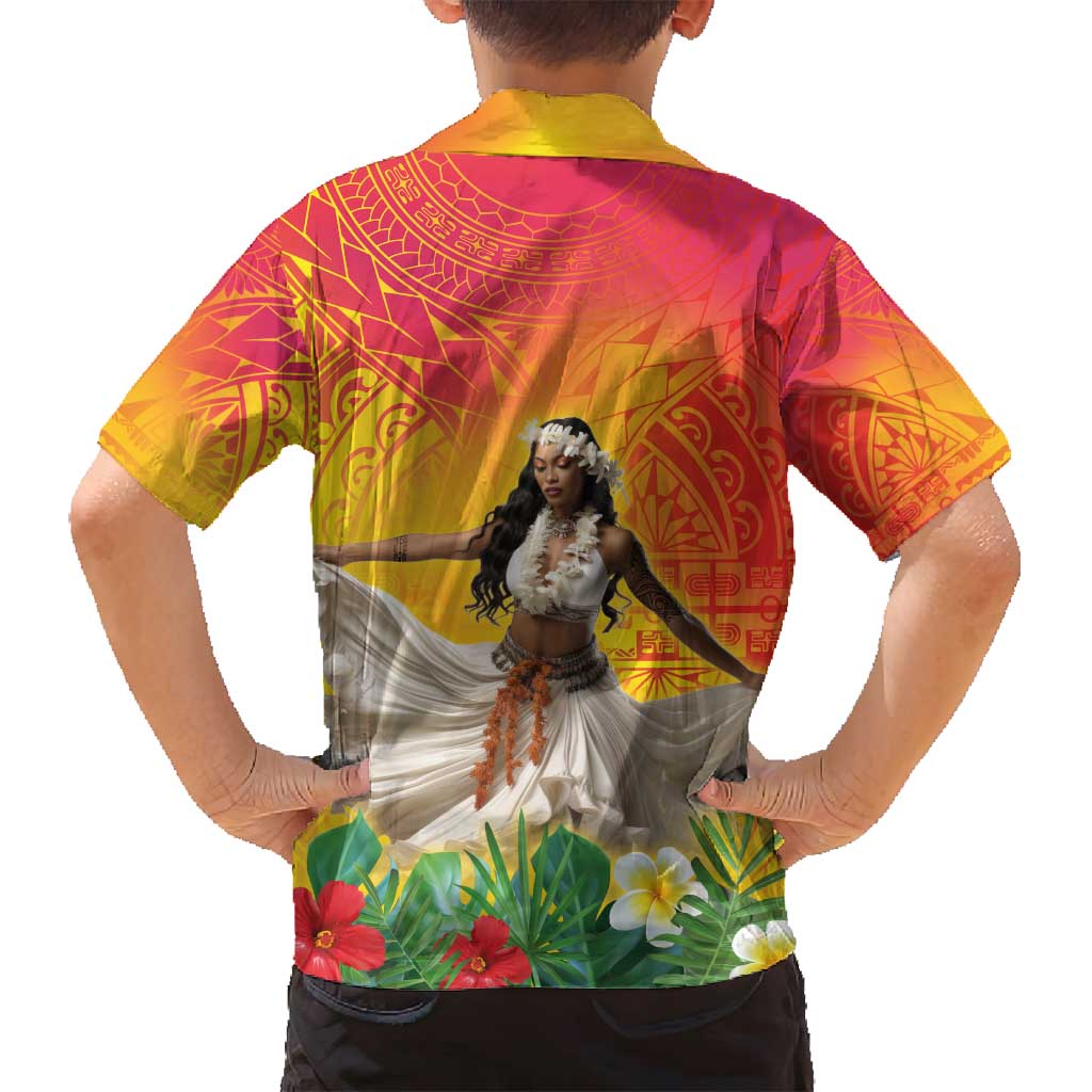 Woman Polynesian Tattoos Family Matching Long Sleeve Bodycon Dress and Hawaiian Shirt Tropical Flower - Vibrant Hot Color