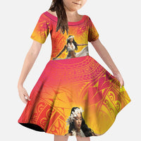 Woman Polynesian Tattoos Family Matching Long Sleeve Bodycon Dress and Hawaiian Shirt Tropical Flower - Vibrant Hot Color