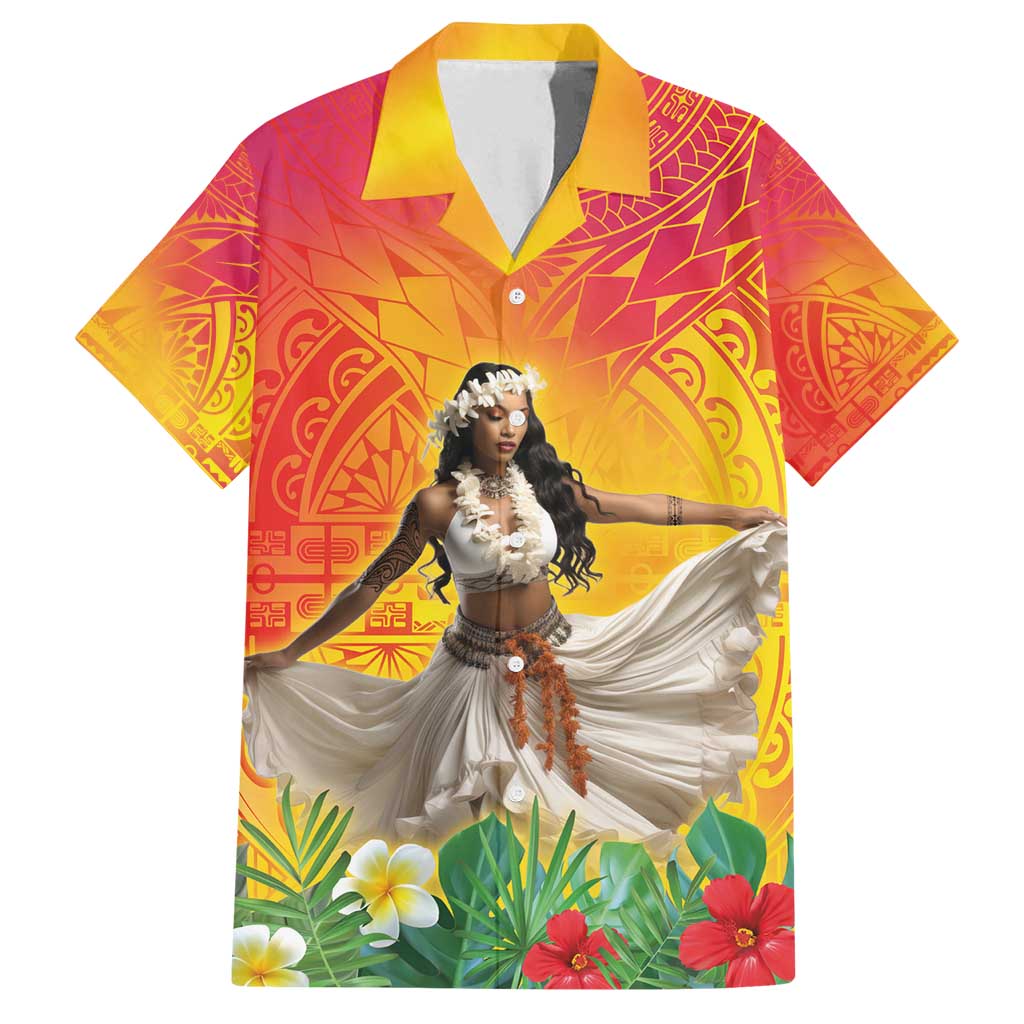 Woman Polynesian Tattoos Family Matching Long Sleeve Bodycon Dress and Hawaiian Shirt Tropical Flower - Vibrant Hot Color