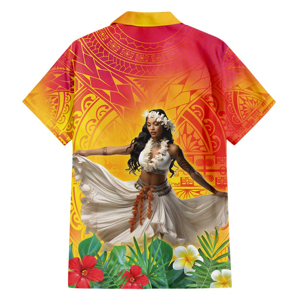 Woman Polynesian Tattoos Family Matching Long Sleeve Bodycon Dress and Hawaiian Shirt Tropical Flower - Vibrant Hot Color