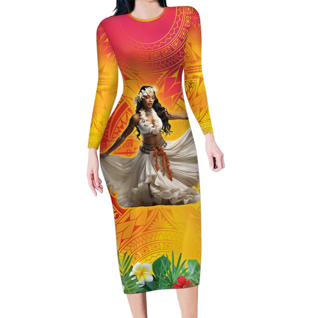 Woman Polynesian Tattoos Family Matching Long Sleeve Bodycon Dress and Hawaiian Shirt Tropical Flower - Vibrant Hot Color
