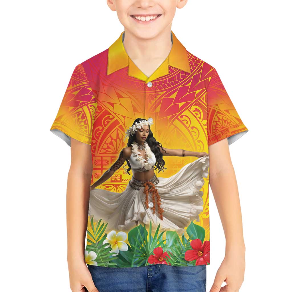 Woman Polynesian Tattoos Family Matching Long Sleeve Bodycon Dress and Hawaiian Shirt Tropical Flower - Vibrant Hot Color
