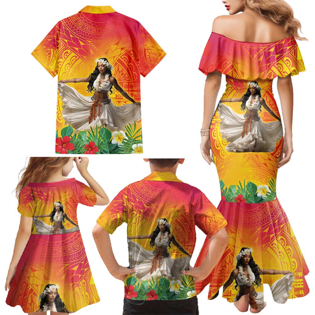 Woman Polynesian Tattoos Family Matching Mermaid Dress and Hawaiian Shirt Tropical Flower - Vibrant Hot Color