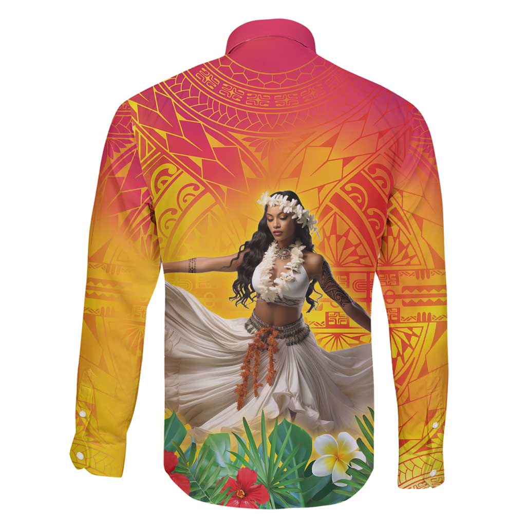 Woman Polynesian Tattoos Family Matching Off Shoulder Short Dress and Hawaiian Shirt Tropical Flower - Vibrant Hot Color