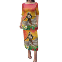Woman Polynesian Tattoos Family Matching Puletasi and Hawaiian Shirt Tropical Flower - Vibrant Hot Color