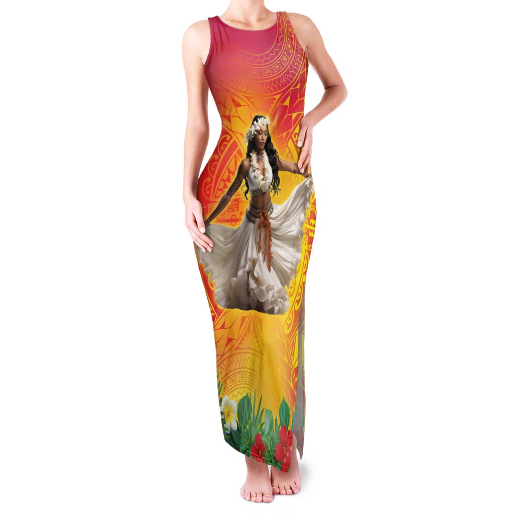 Woman Polynesian Tattoos Family Matching Tank Maxi Dress and Hawaiian Shirt Tropical Flower - Vibrant Hot Color