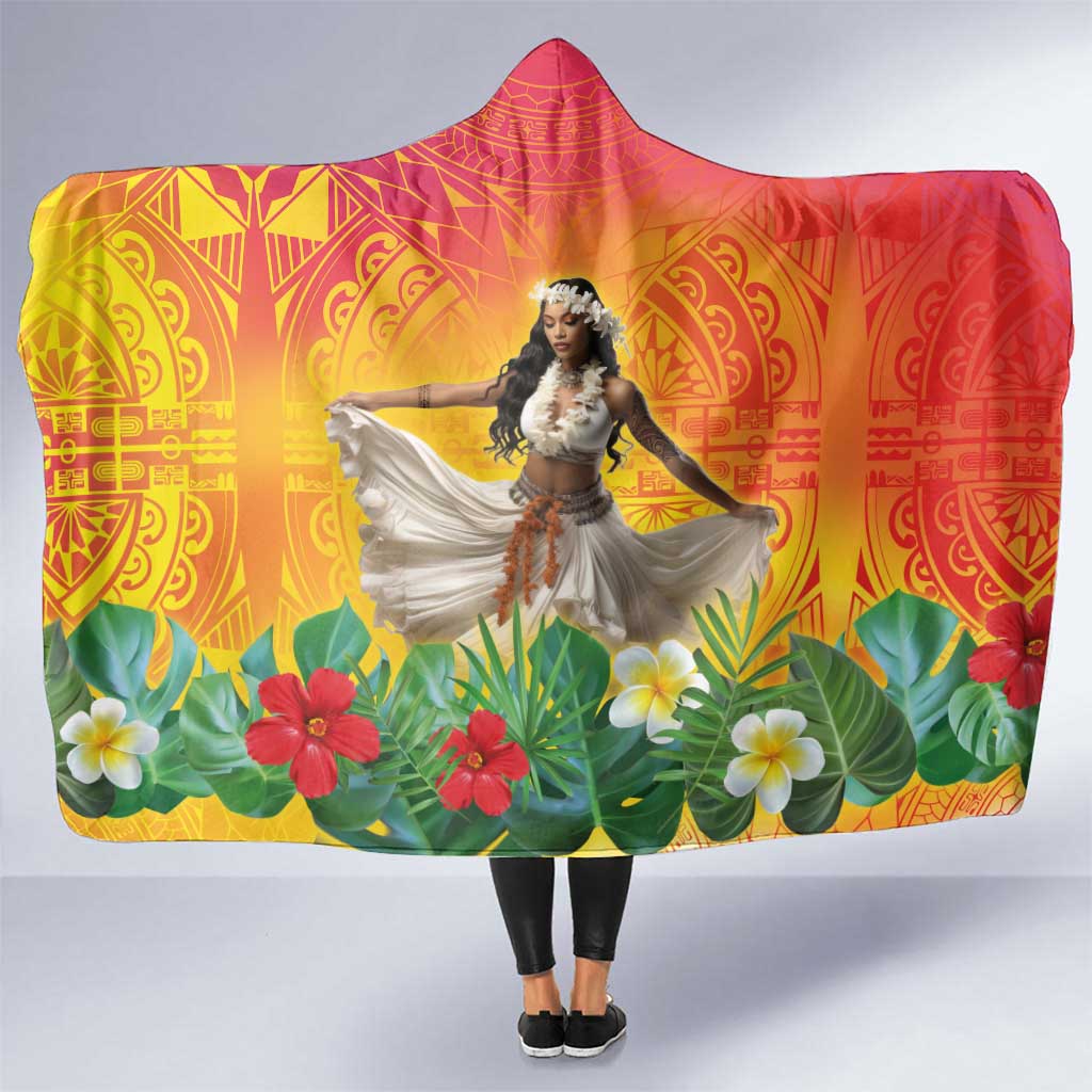 Woman Polynesian Tattoos Hooded Blanket Tropical Flower - Vibrant Hot Color LT03 One Size Vibrant Gradient - Polynesian Pride