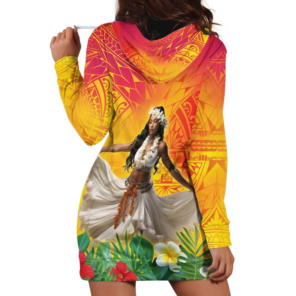 Woman Polynesian Tattoos Hoodie Dress Tropical Flower - Vibrant Hot Color