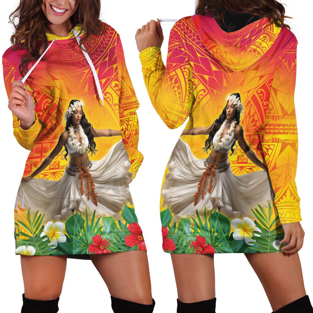 Woman Polynesian Tattoos Hoodie Dress Tropical Flower - Vibrant Hot Color