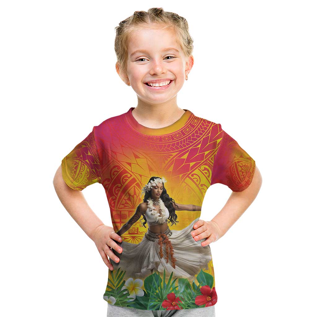 Woman Polynesian Tattoos Kid T Shirt Tropical Flower - Vibrant Hot Color LT03 Vibrant Gradient - Polynesian Pride