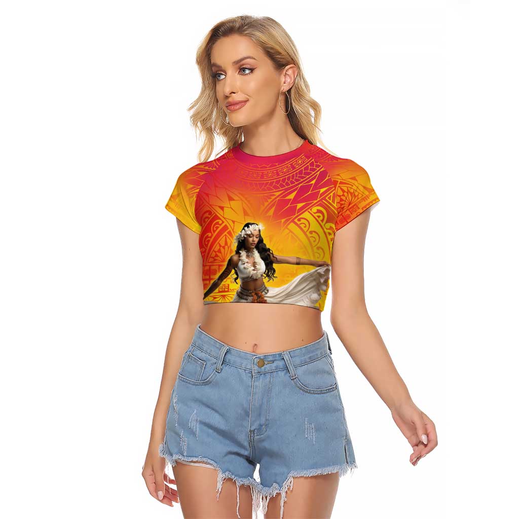 Woman Polynesian Tattoos Raglan Cropped T Shirt Tropical Flower - Vibrant Hot Color
