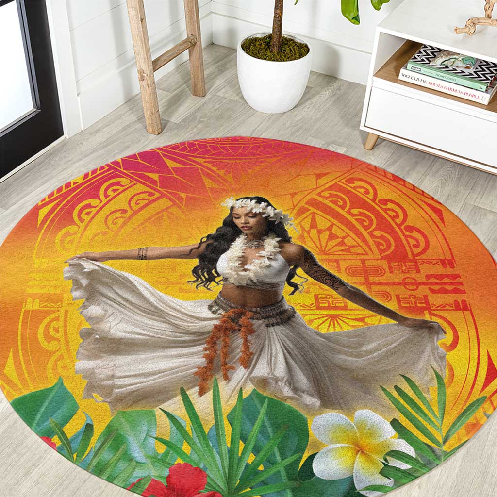 Woman Polynesian Tattoos Round Carpet Tropical Flower - Vibrant Hot Color LT03 Vibrant Gradient - Polynesian Pride