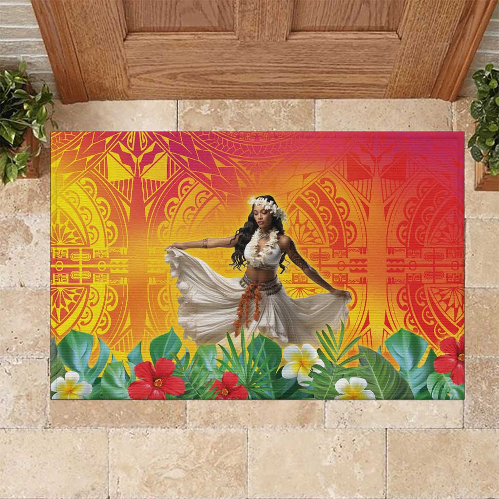 Woman Polynesian Tattoos Rubber Doormat Tropical Flower - Vibrant Hot Color
