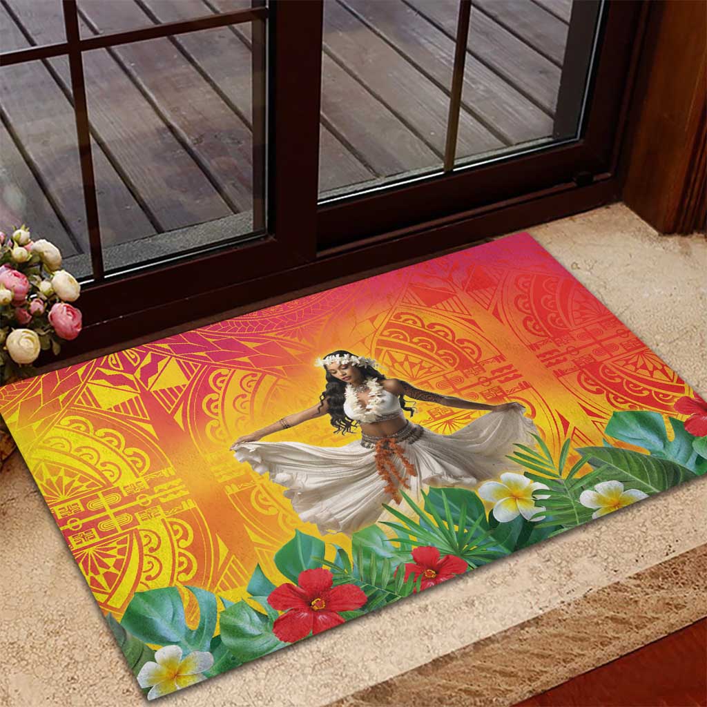 Woman Polynesian Tattoos Rubber Doormat Tropical Flower - Vibrant Hot Color