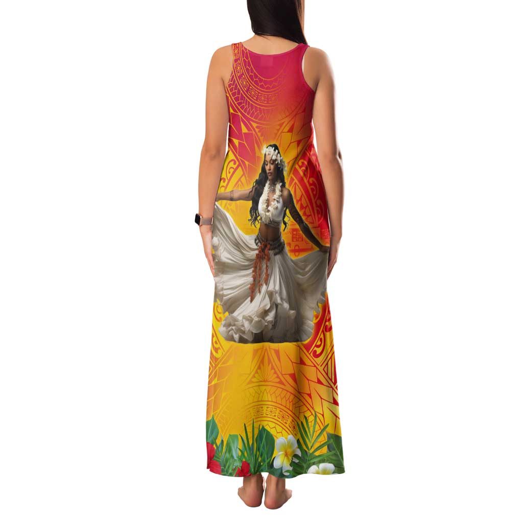Woman Polynesian Tattoos Tank Maxi Dress Tropical Flower - Vibrant Hot Color