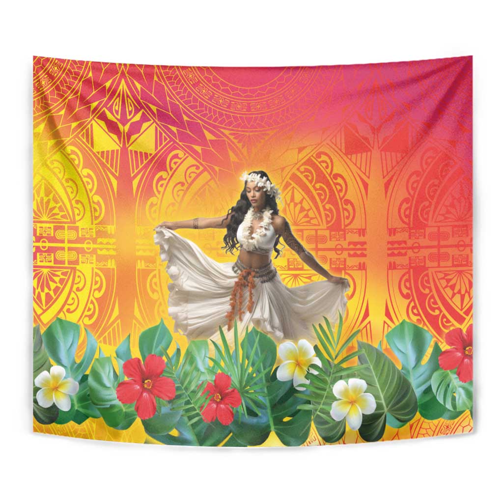 Woman Polynesian Tattoos Tapestry Tropical Flower - Vibrant Hot Color