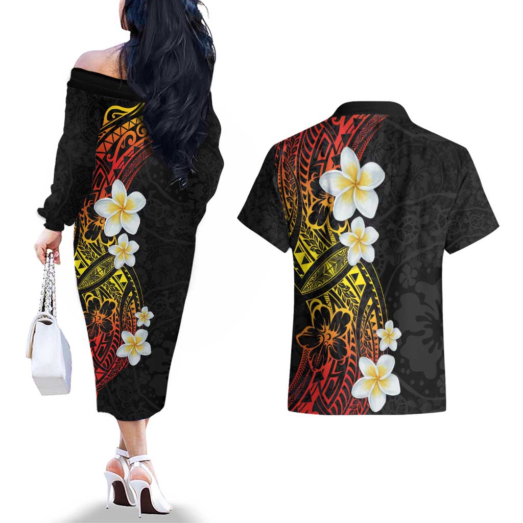 Plumeria Couples Matching Off The Shoulder Long Sleeve Dress and Hawaiian Shirt Polynesian Tribal Frangipani Sunset