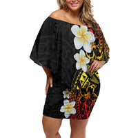 Plumeria Off Shoulder Short Dress Polynesian Tribal Frangipani Sunset LT03 Women Black - Polynesian Pride
