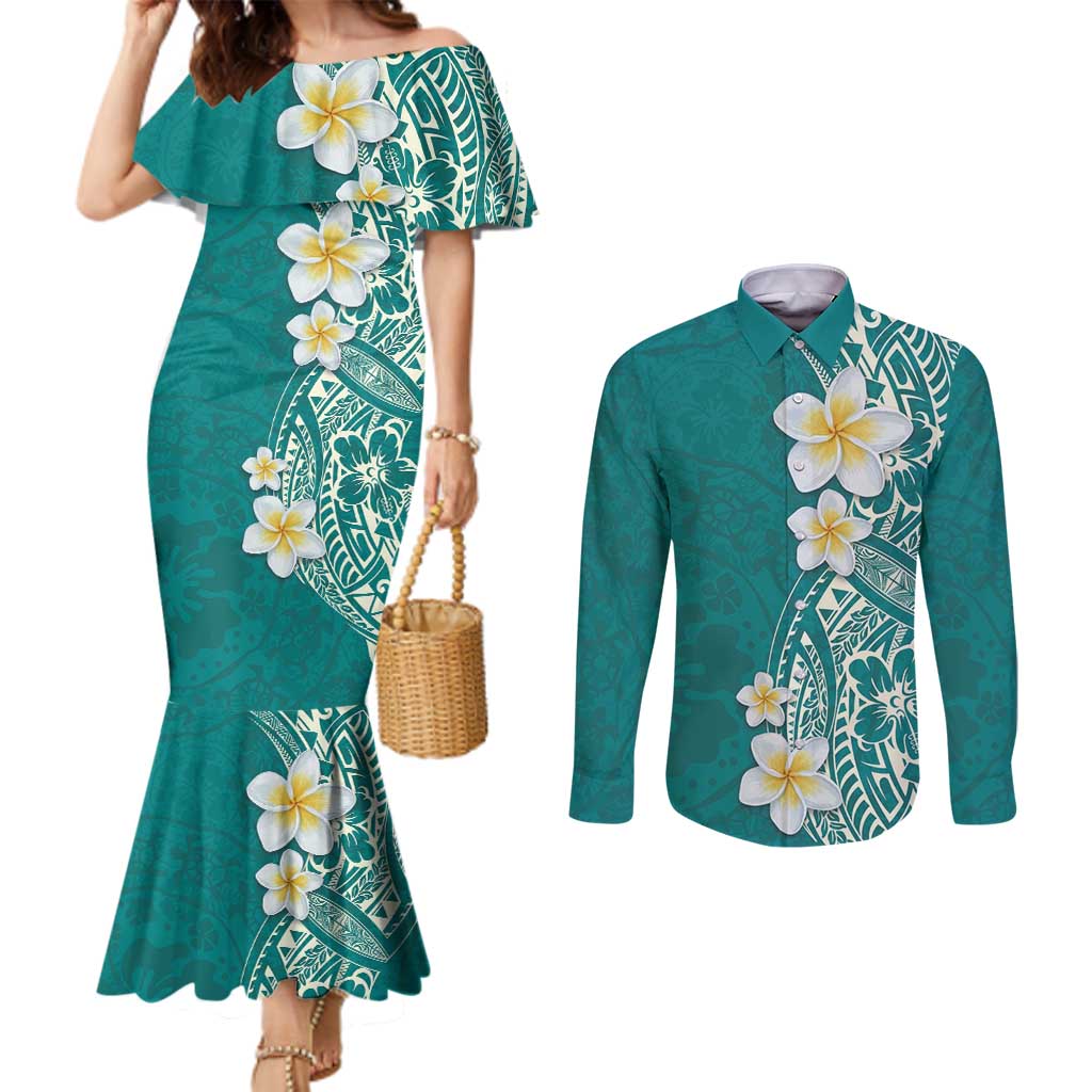 Plumeria Couples Matching Mermaid Dress and Long Sleeve Button Shirt Polynesian Tribal Frangipani Teal