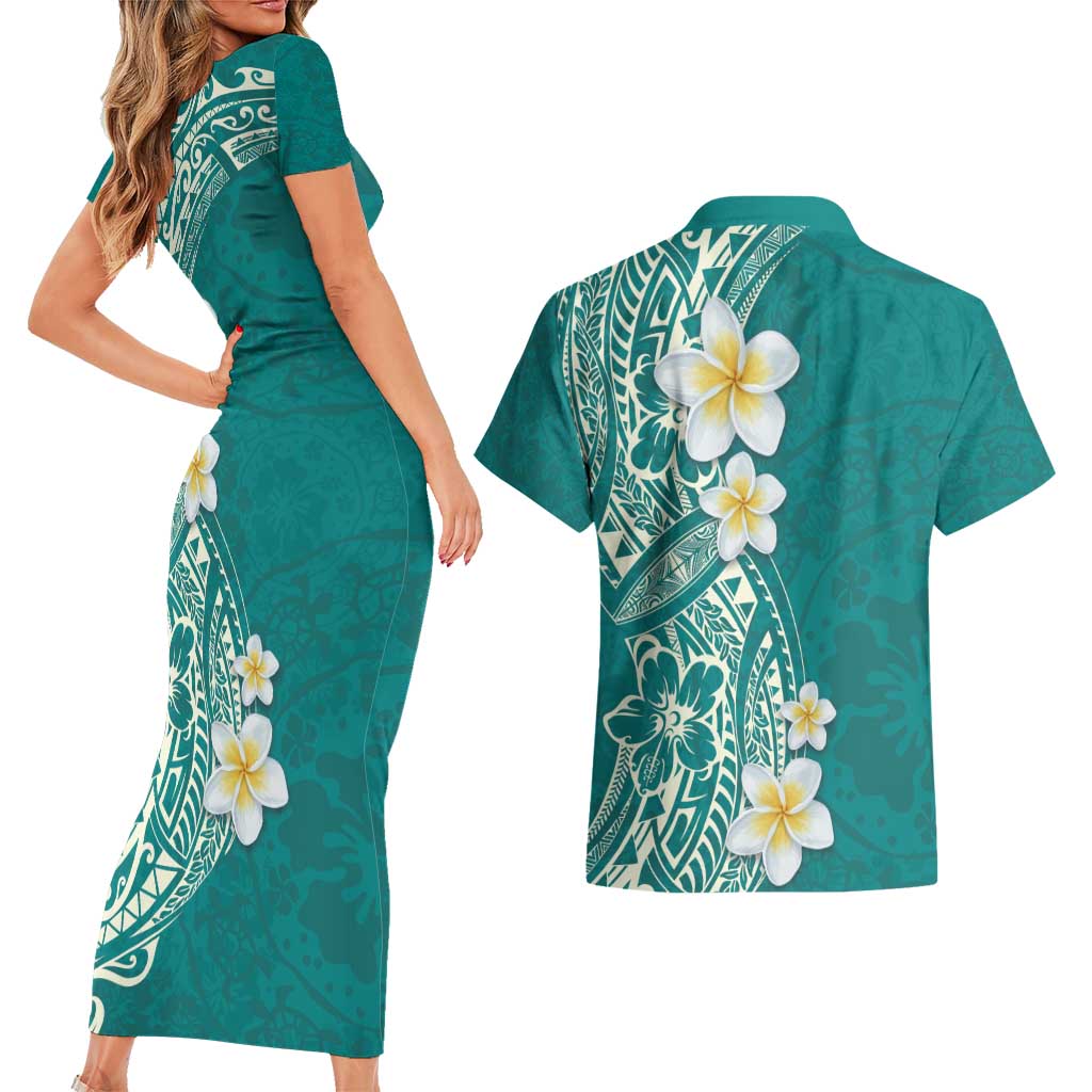 Plumeria Couples Matching Short Sleeve Bodycon Dress and Hawaiian Shirt Polynesian Tribal Frangipani Teal