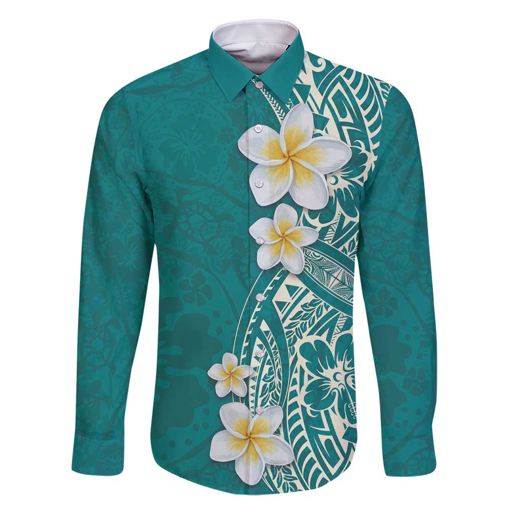 Plumeria Family Matching Long Sleeve Bodycon Dress and Hawaiian Shirt Polynesian Tribal Frangipani Teal