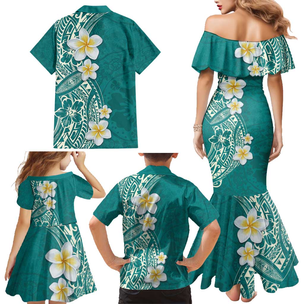 Plumeria Family Matching Mermaid Dress and Hawaiian Shirt Polynesian Tribal Frangipani Teal