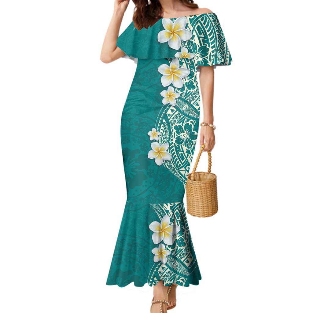 Plumeria Family Matching Mermaid Dress and Hawaiian Shirt Polynesian Tribal Frangipani Teal