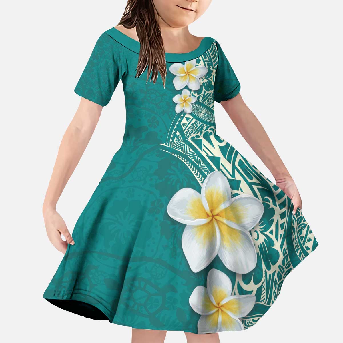 Plumeria Family Matching Off The Shoulder Long Sleeve Dress and Hawaiian Shirt Polynesian Tribal Frangipani Teal