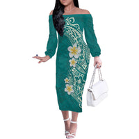 Plumeria Family Matching Off The Shoulder Long Sleeve Dress and Hawaiian Shirt Polynesian Tribal Frangipani Teal