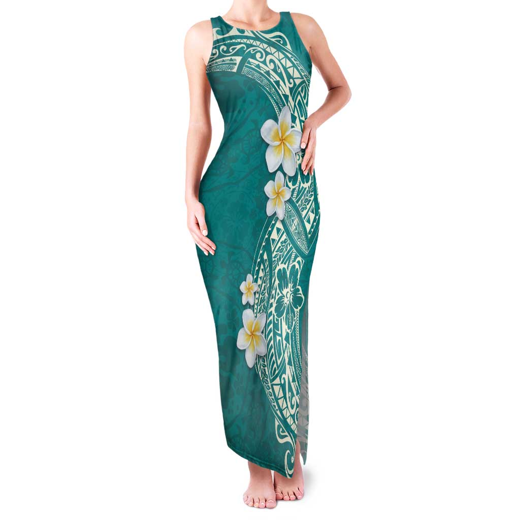 Plumeria Family Matching Tank Maxi Dress and Hawaiian Shirt Polynesian Tribal Frangipani Teal