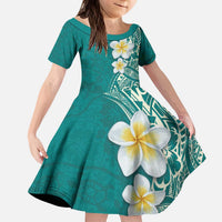 Plumeria Kid Short Sleeve Dress Polynesian Tribal Frangipani Teal