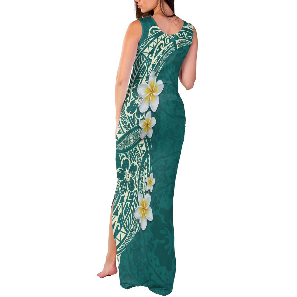 Plumeria Tank Maxi Dress Polynesian Tribal Frangipani Teal