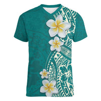 Plumeria Women V-Neck T-Shirt Polynesian Tribal Frangipani Teal LT03 Female Teal - Polynesian Pride