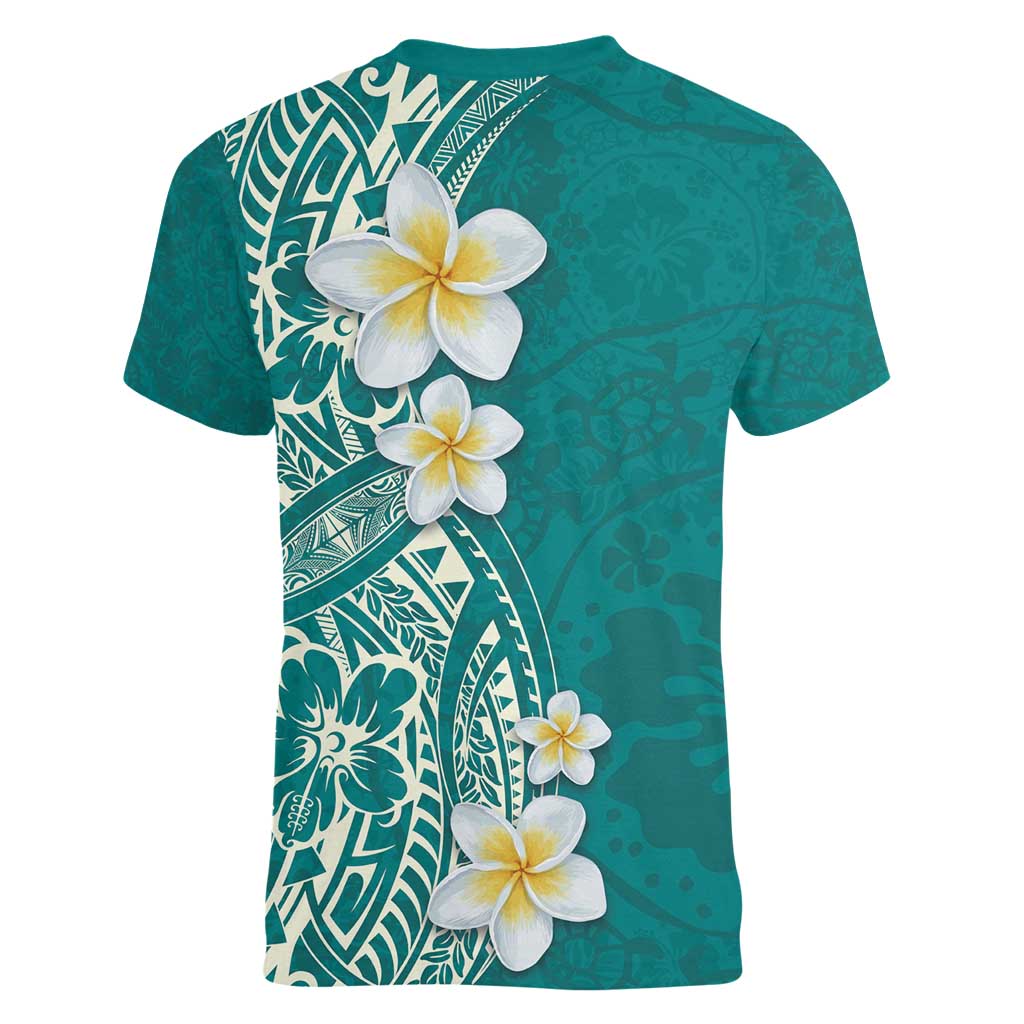 Plumeria Women V-Neck T-Shirt Polynesian Tribal Frangipani Teal LT03 - Polynesian Pride