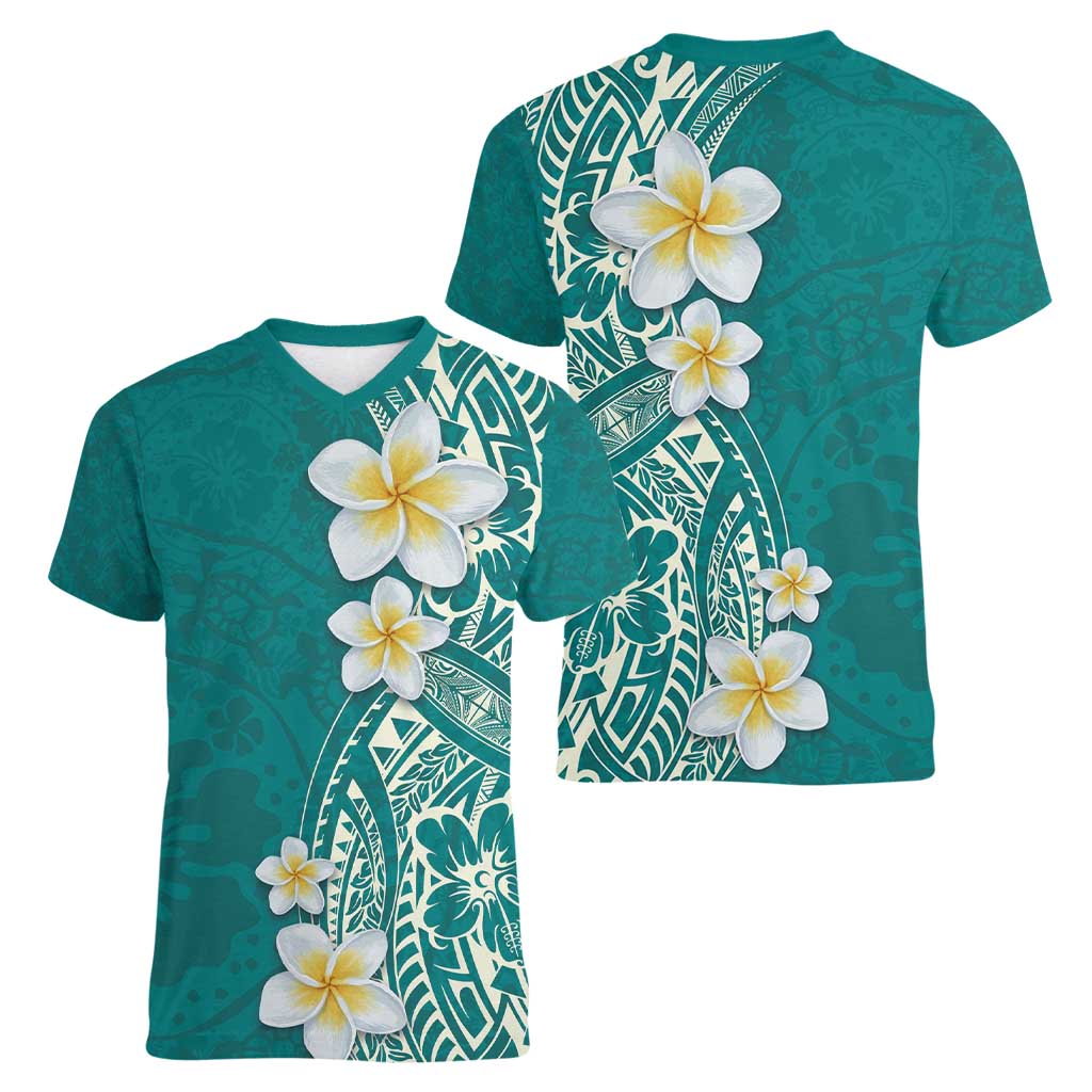 Plumeria Women V-Neck T-Shirt Polynesian Tribal Frangipani Teal LT03 - Polynesian Pride