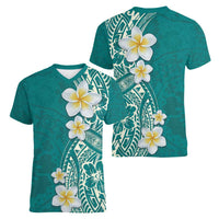 Plumeria Women V-Neck T-Shirt Polynesian Tribal Frangipani Teal LT03 - Polynesian Pride