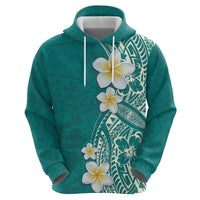 Plumeria Zip Hoodie Polynesian Tribal Frangipani Teal