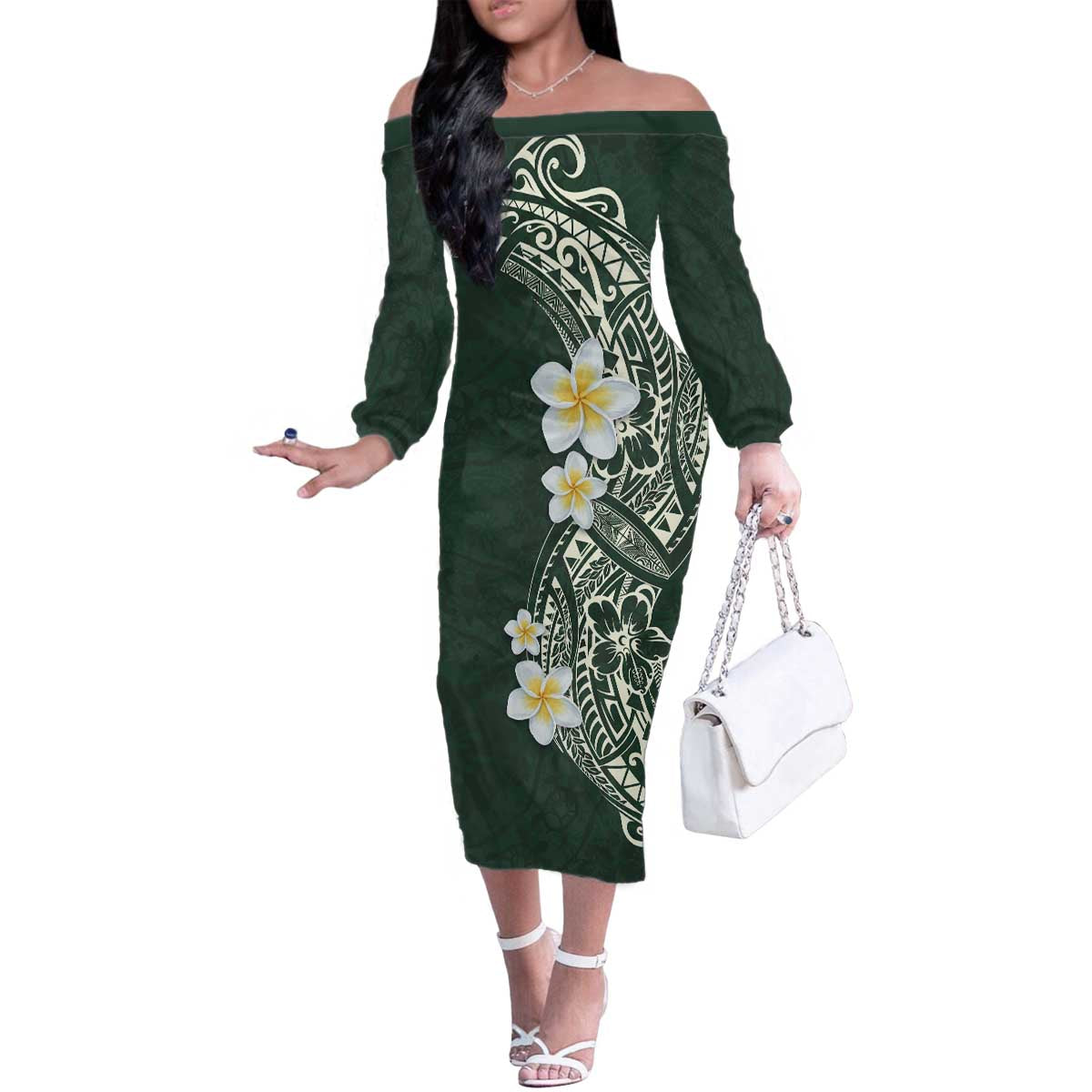 Plumeria Family Matching Off The Shoulder Long Sleeve Dress and Hawaiian Shirt Polynesian Tribal Frangipani Green